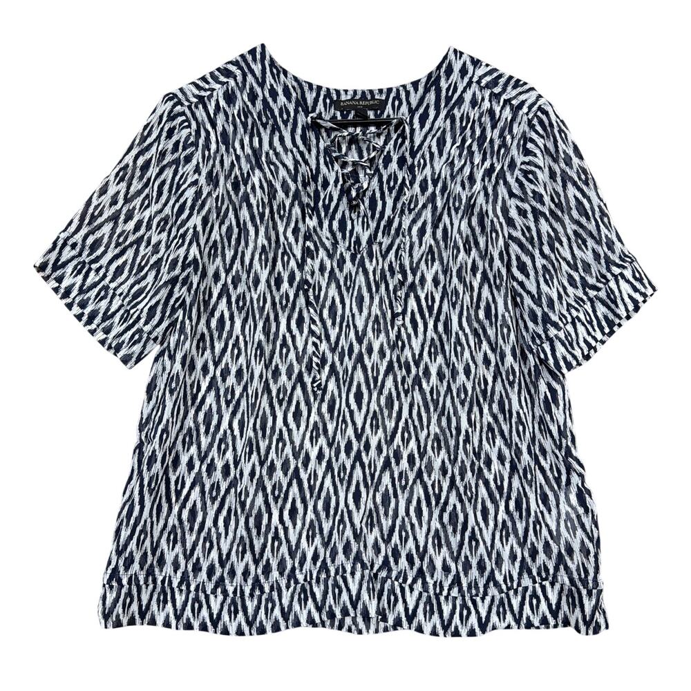 Banana Republic Womens Blouse Navy White Argyle Diamond Short Sleeve Sheer M